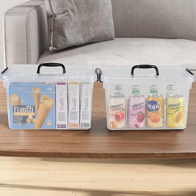 Hespama 4 Pack Clear Storage Bins with Handle, 12 Quart Plastic Lidded Organizer Box