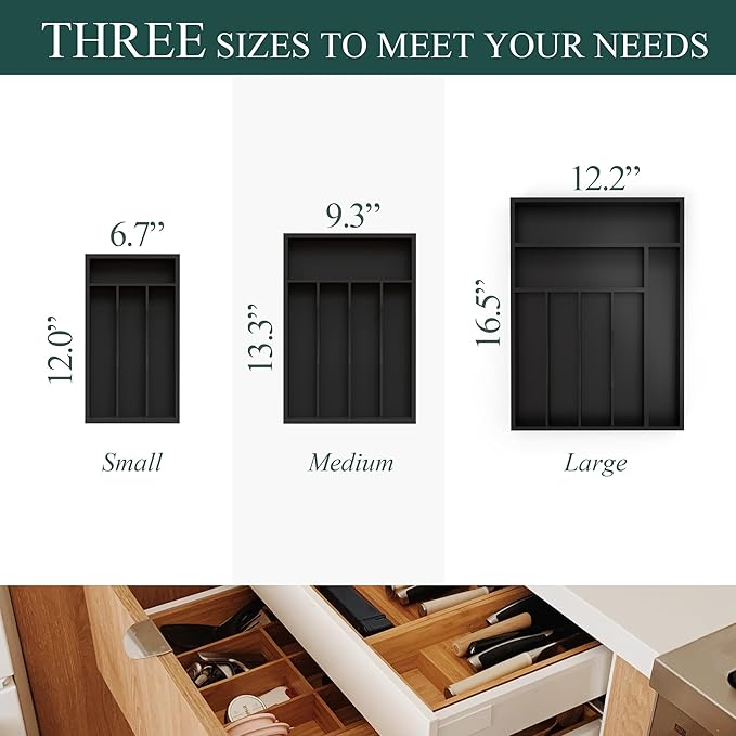 Bamboo Silverware Organizer, Kitchen Drawer Organizer, Utensil Holder, Cutlery Tray & Spoon Flatware Storage with Grooved Drawer Dividers ((5 Slots, Black)-NeatNest