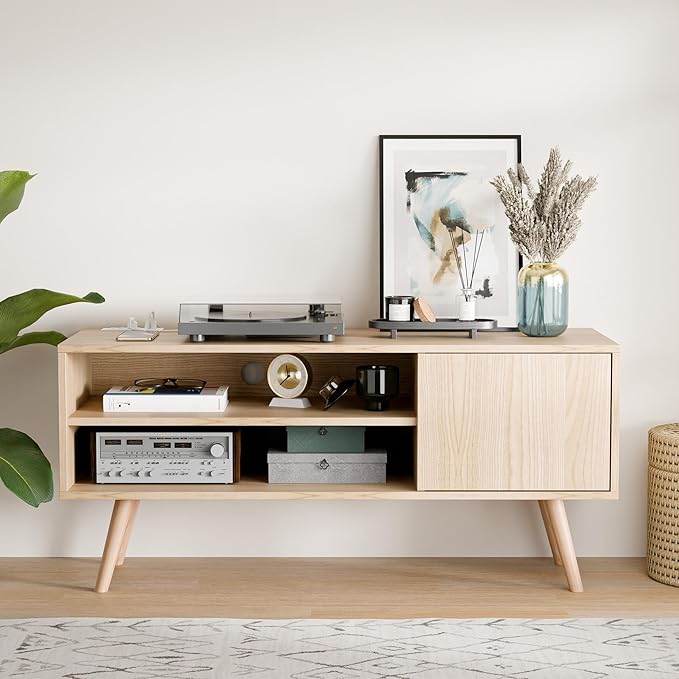 Cozy Castle TV Stand for 48 Inch TV, Mid Century Modern Entertainment Center with Storage Cabinet, TV Media Console with Charging Station for Living Room, Bedroom, Oak-NeatNest