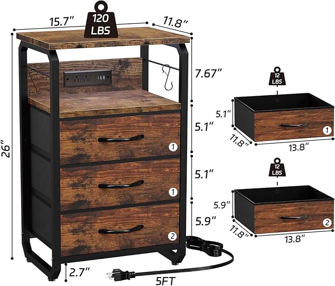 Bed Side Table with 3 Fabric Drawers, Night Stand with Charging Station, LED Nightstand with Hooks, Bedside Table End Table with Storage, Night Table for Living Room, Bedroom (Rustic Brown)-NeatNest