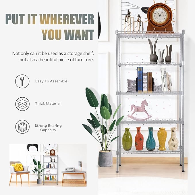 5-Tier Wire Shelving Unit Storage Shelves Metal Shelves 48"x21"x12" Heavy Duty Metal Storage Rack Wire Rack NSF Height Adjustable for Home Kitchen Bathroom Garage Shelving(Chrome)