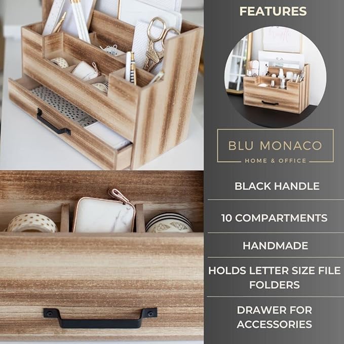 BLU MONACO Natural Wood Mail Organizer with Drawer, 5 Compartments, Desk Organizer for Women Office Desk Organization, 12.9x5.7x9 inches, 4.1 pounds-NeatNest