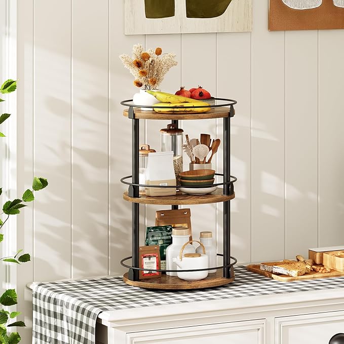 3-Tier Lazy Susan Organizer, Rotating Spice Rack, Spinning Organizer, Industrial Turntable Spice Rack Organizer for Cabinet, Kitchen Countertop, Pantry, Rustic Brown and Black SR23BR-NeatNest