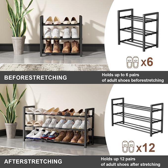 3-Tier Expandable Shoe Rack,Adjustable Shoe Shelf Storage Organizer Heavy Duty Metal Free Standing Shoe Rack for Entryway Closet Doorway (Black)-NeatNest