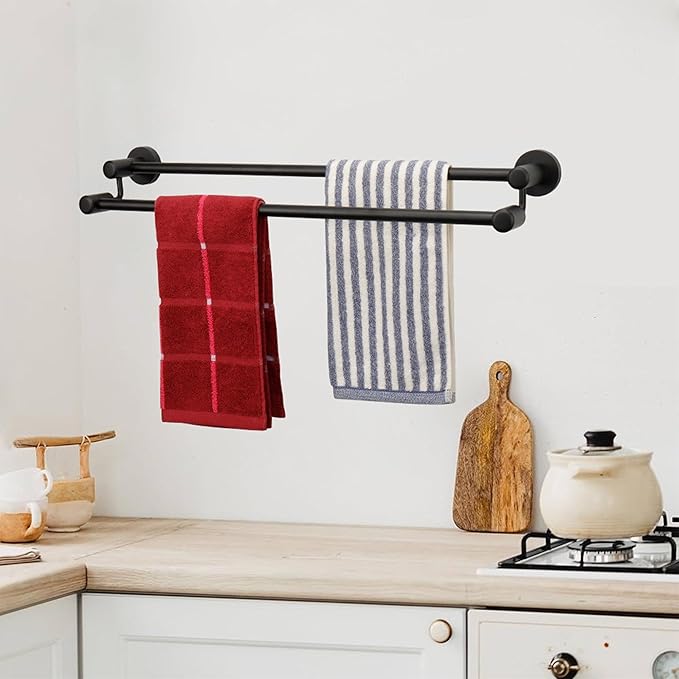 TocTen Double Bath Towel Bar - Thicken SUS304 Stainless Steel Towel Rack for Bathroom, Bathroom Accessories Double Towel Rod Heavy Duty Wall Mounted Towel Holder (Black,24IN)