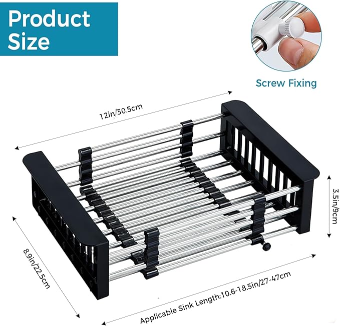 COVRA Over Sink Dish Drying Rack, Stainless Steel Drainer for 11"-19" Sinks, Kitchen Countertop Organizer for Dishes, Vegetables, and Fruits (Black)-NeatNest