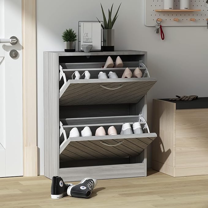 Homsee Modern Shoe Storage Cabinet with 2 Flip Drawers & Twill Louver Doors, Wood 2-Tier Shoe Rack Storage Organizer for Entryway, Hallway & Bedroom, Grey (22.4”L x 9.4”W x 29.5”H)-NeatNest