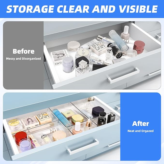 3 PCS Large Drawer Organizer, 3Sizes Plastic Versatile Desk Drawer Organizer Trays with Non-Slip Silicone Pads, Storage Bins for Makeup, Office, Kitchen Gadgets Utensils, Bedroom, Tools, Bathroom-NeatNest