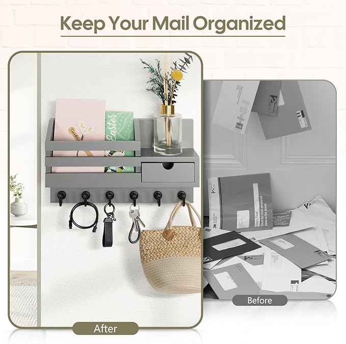 FifthQuarter Key and Mail Holder for Wall, Mail Organizer Wall Mount with 6 Hooks and Storage Drawer, Easy Installation Key Rack for Entryway and Home Decor (A-Grey)