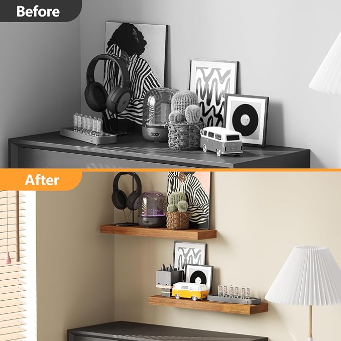 BAMEOS 24x6 Wall Shelf, 2-Shelf Modern Oak Floating Shelf Set for Bedroom, Bathroom, Kitchen Storage-NeatNest