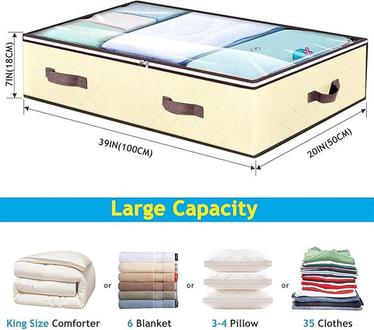 Budding Joy 6 Pack 90L Under bed Storage Containers Organizer Large Capacity Underbed Clothes Storage Bins Organization and Storage Bedroom Foldable Storage Bags with Clear Window Beige-NeatNest