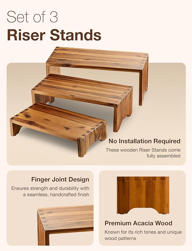 Acacia Wood Risers Display Stands Set of 3 - Wooden 3 Tier Cupcake Stand - 3 Tiered Riser for Vendors - Decorative Display Risers for Food Desserts Stand, Perfume, Funko POP at Party Wedding-NeatNest