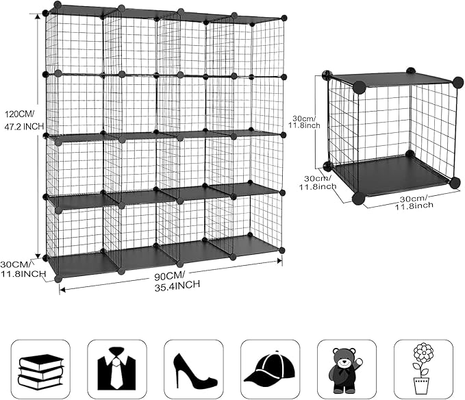 TUMUCUTE Wire Cube Storage Organizer, Metal Storage Shelves Bookshelf, Stackable Modular Closet Organizer for Bedroom Living Room, Office,Storage Shelves(16-Cube,Black)