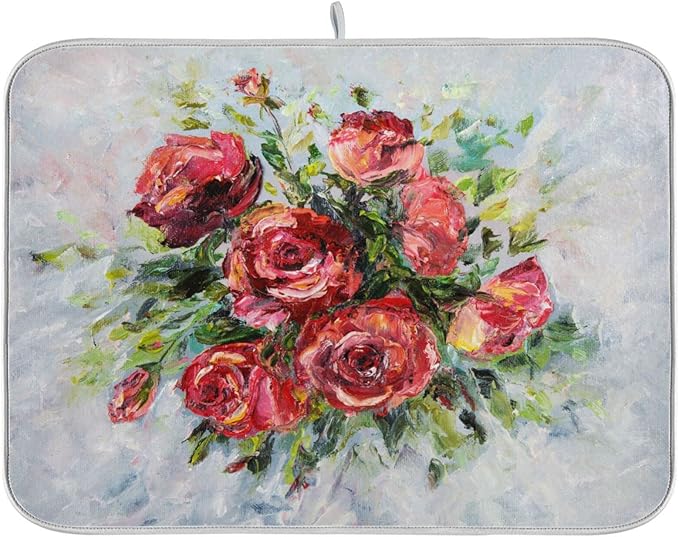 Absorbent Dish Drying Mat for Kitchen Counter - Red Rose Oil Painting Microfiber Drying Pad, Reversible Drainer Mats for Countertop, Small 16" x 18"
