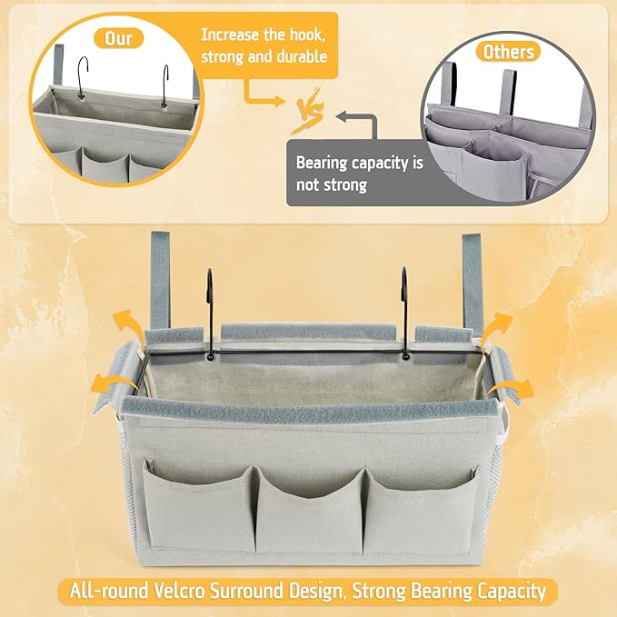 Bedside Caddy Organizer with Fixed Straps & Water Bottle Holder for Home, College Dorm, Bunk Bed, Hospital & Crib Bed Rails (2 pcs, Grey)-NeatNest