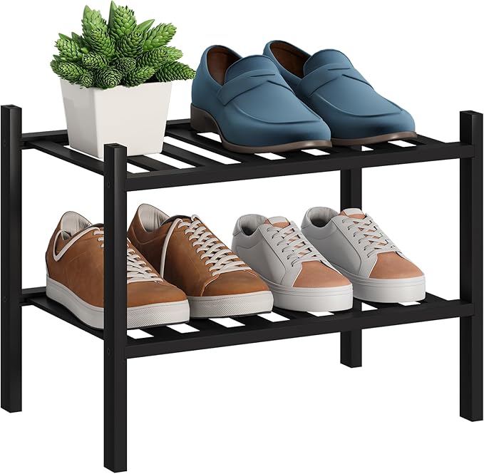BMOSU 2-Tier Bamboo Small Shoe Rack Premium Stackable Shoe Shelf Storage Organizer for Hallway Closet Living Room Entryway Organizer (Black Bamboo)-NeatNest