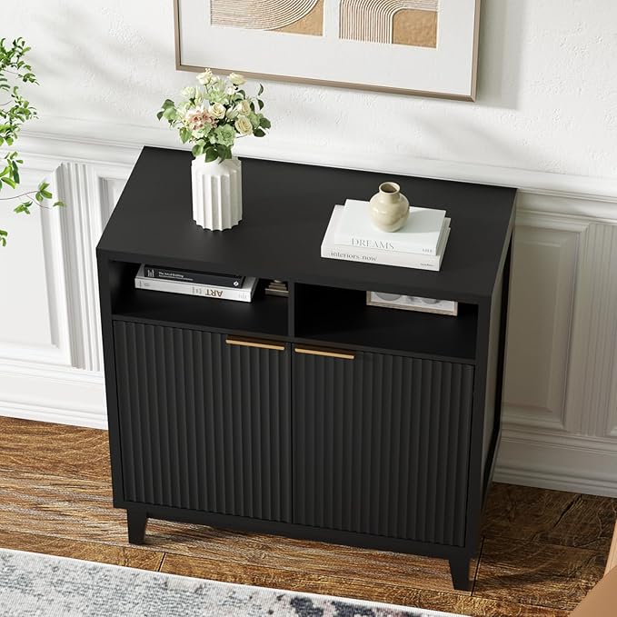 Buffet Cabinet with Storage - Elegant Fluted Storage Cabinet with Adjustable Shelves and Solid Wood Leg, Modern Buffet Sideboard for Living Room, Dining Room, Entryway-NeatNest