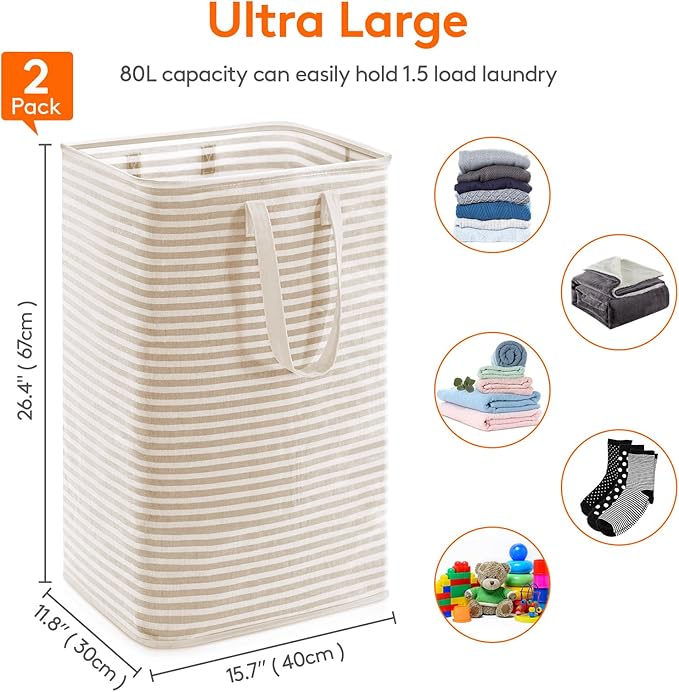 Lifewit 2 Pack Laundry Hamper Large Collapsible Laundry Baskets, Freestanding Waterproof Clothes Hamper with Easy Carry Handles in Laundry Room Bedroom Bathroom College Dorm for Adults, Beige, 2 x 80L