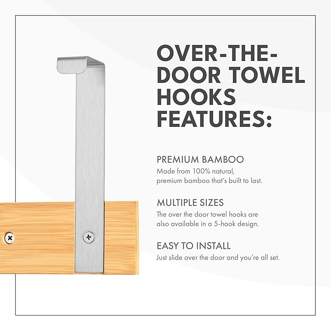 ToiletTree Products Bamboo Stainless Steel Over-The-Door Towel Hooks - Durable Coat, Clothes, and Towel Rack to Use in The Bathroom, Laundry Room, and Closet - 3 Hooks