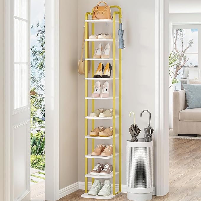 10 Tiers Vertical Shoe Rack, Narrow Shoe Tower, Tall Shoes Shelf with 2 Hooks, Adjustable Shelves, Corner Shoes Shelves for Small Spaces, Entryway, Living Room, White Gold SR11213A-NeatNest