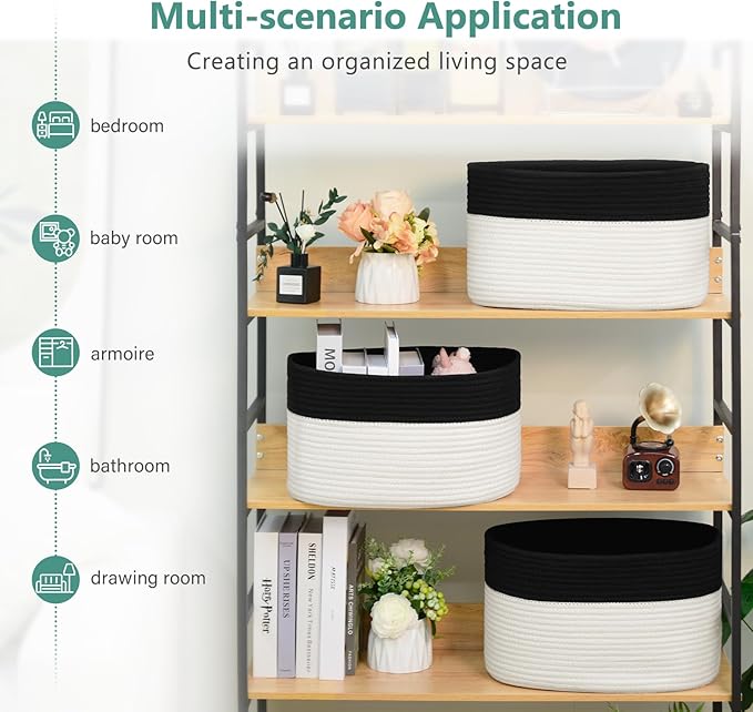 Cotton Rope Storage Basket, 15x10x9 Inches, Woven Basket for Shelves, Clothes, Toys, Towels, Books, and Laundry, Durable and Stylish, Black/ White (2 Pack)-NeatNest