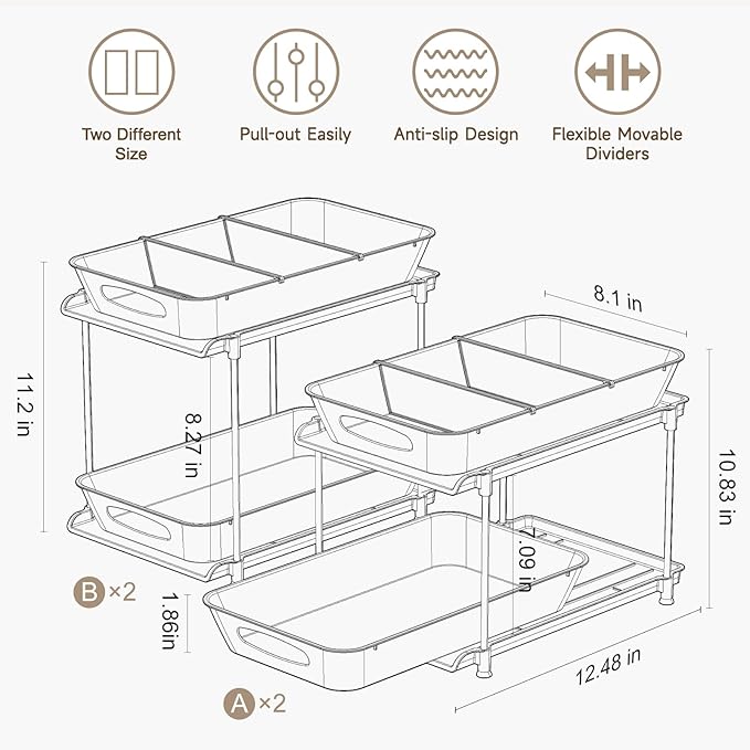 Under Sink Organizer, Bathroom Organizers and Storage, 2 Tier Multi-Use Pull Out Cabinet Organizer with Hang Hooks and Cups (transparent, 4 Pack)-NeatNest