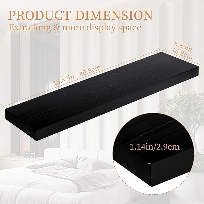 Floating Shelves 15.7in for Wall Black Solid Wood Floating Shelves Bathroom Floating Shelf for Bedroom Kitchen Living Room-NeatNest