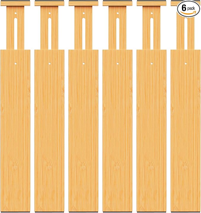 BAMBUROBA Bamboo Drawer Dividers, Adjustable Kitchen Drawer Organizer for Clothes,17-22" Expandable Drawer Organization Separators for Bedroom,Bathroom,Dresser and Office,6-Pack-NeatNest