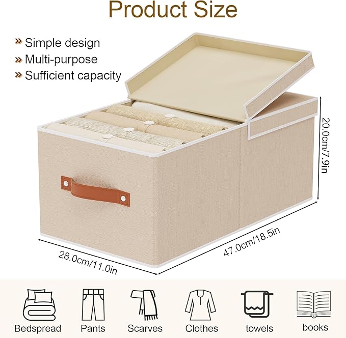 3-Pack Storage Boxes, Foldable Blanket Basket with Detachable Lid, Linen Closet 0rganizers with Double Handles, Collapsible Cubes for Organizing, Beige, 18.5 x 11 x 7.9 inch-NeatNest