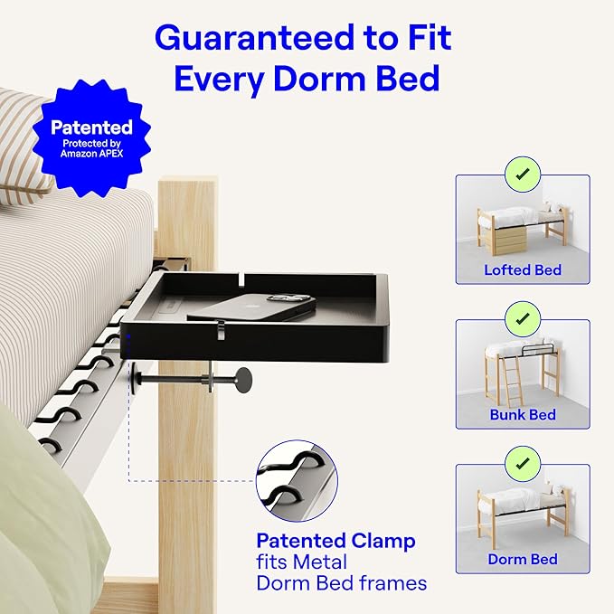 BedShelfie Bedside Shelf for Bunk Bed & Top Bunk, College Dorm Room Essentials, Loft Nightstand, Floating Bed Side Table Tray Storage, Dorm Room Decor by Smallish - (Flexfit Model, Black)-NeatNest