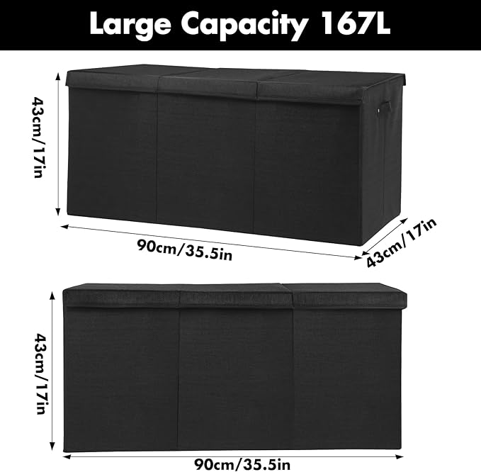 Extra Large Toy Box 167L, Sturdy Toy Storage Chest Organizer Bin Baskets with 2 Removable Divider for Boys, Girls, Kids, Nursery, Bedroom, Playroom, 35.5"x17" x17" (Linen Black)-NeatNest
