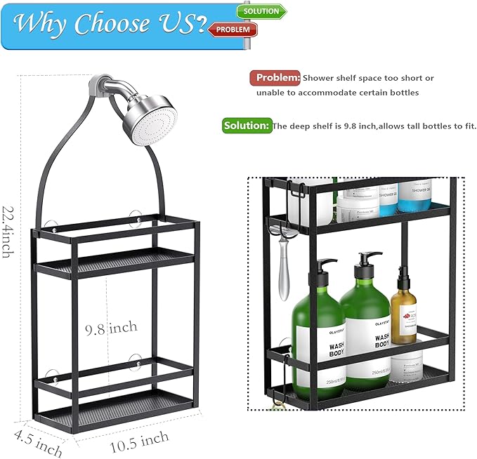 Meangood Shower Caddy, 10.4" x 4.5" x 22.04" Hanging Shower Caddy Organizer Over Shower Head Big Capacity for Shampoo, Conditioner with Hooks for Razor/Sponge, Matte Black