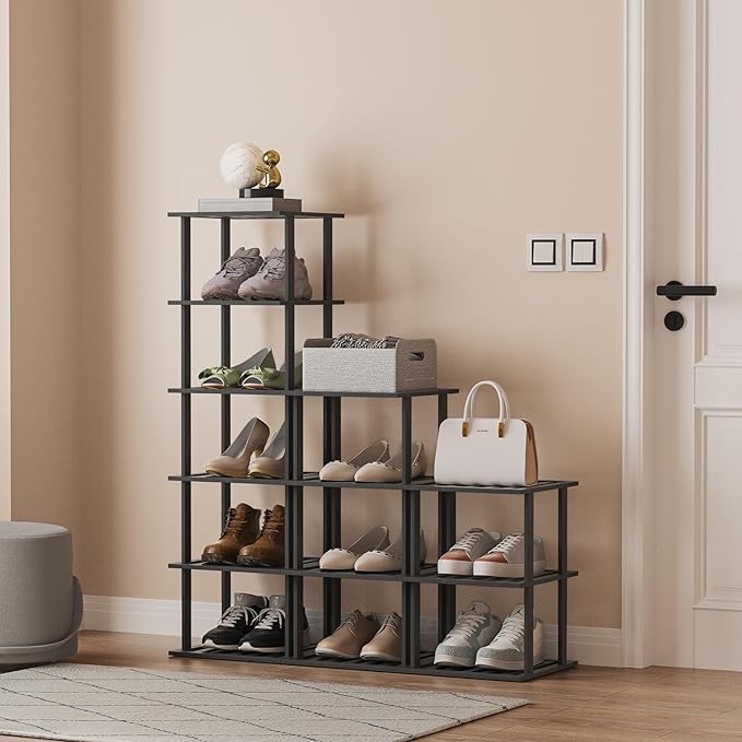 6-Tier Free Standing Shoe Racks, Bamboo Wood Shoe Rack for Entryway & Closet, Beautiful | Natural | Functional | Sturdy Shoe Rack Small Shoe Shelf for Small Spaces and Narrow Spaces Black-NeatNest