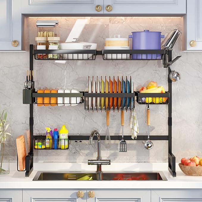 Over Sink Dish Drying Rack (Expandable Height/Length) Snap-On Design Large Dish Drainer Storage Counter Organizer (31-39.5L x 12W x 34-38H inches)