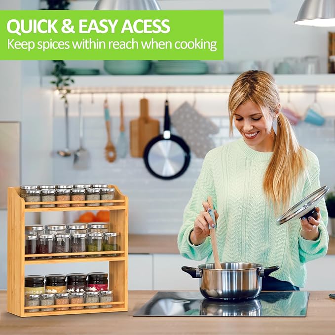 Bamboo Spice Rack Organizer, 3 Tier Spice Jars Shelf for Kitchen Countertop or Wall Mounting-NeatNest