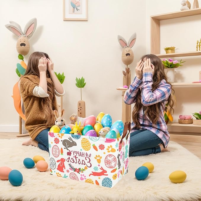 Easter Basket for Kid Large Empty Rectangular Cute Easter Gift Storage Basket Bunny Eggs Décor (Rabbit Bohemia)-NeatNest
