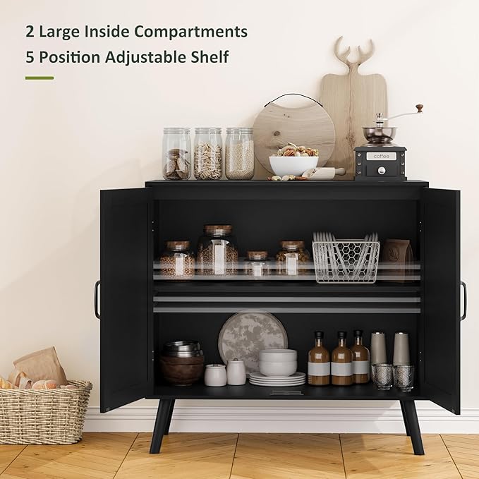 Black Buffet Sideboard Cabinet, Storage Cabinet with Handmade PVC Rattan Decor Doors, Wooden Coffee Station with Adjustable Shelf for Kitchen, Living Room, Entryway-NeatNest
