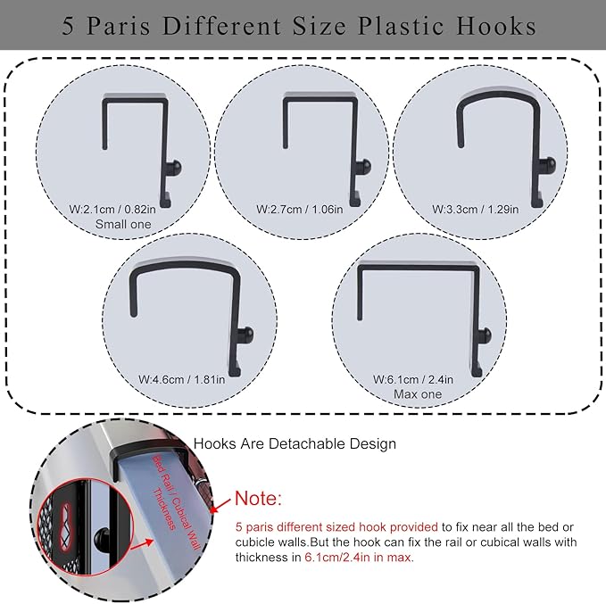 Bedside Caddy Shelf Hanging Storage Basket for Bunk Bed and Office Cubical Walls,Baby Bed Rails,College Dorm Bed Organizer - 5 Pairs Sized Hooks-for Phone Glass Magazine Decor (White)-NeatNest