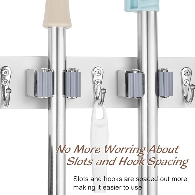 White Mop Broom Holder Wall Mount with 4 Slots & 4 Hooks - Wood Broom Mop Hanger for Pantry Closet Laundry Room Organization - Heavy Duty Garden Tool Organizer - White Kitchen Decor-NeatNest