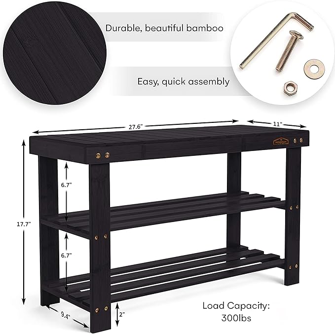 Homemaid Living Bamboo 3 Tier Shoe Rack Bench, Premium Shoe Organizer or Entryway Bench, Perfect for Shoe Cubby, Entry Bench, Bathroom Bench, Entryway Organizer, Hallway or Living Room(Black)-NeatNest