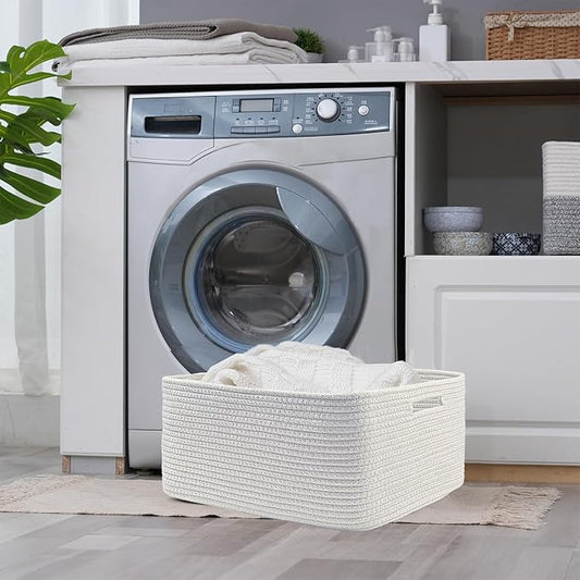 COMFY-HOMI Cotton Rope Woven Basket with Handles for Shelves,Toys,Book, Cloth Storage Baskets for Organizing-17" x 13" x 7.5" Toy Decorative Organizer for Living Room, Bathroom (All White)-NeatNest