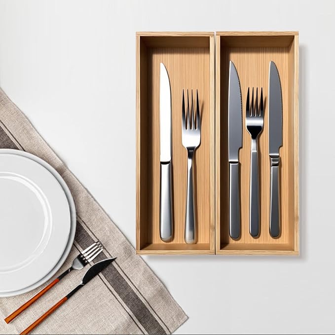 Bamboo Drawer Silverware Organizer, Silverware Tray, Flatware Organizer, Bamboo Storage Box Suitable for Office, Bathroom and other objects storage (9.85"x3.55"x1.78"- Set of 2)-NeatNest