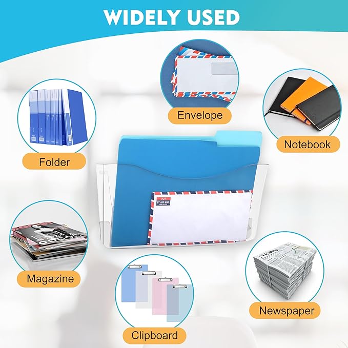 EASEPRES 4 Pack Clear Single Pocket Hanging File Organizer, Plastic Wall Mount Paper Mails Magazines Holder, Mounted Folder Bins for Office, School and Home, 13.85x3.14x6.88 inches
