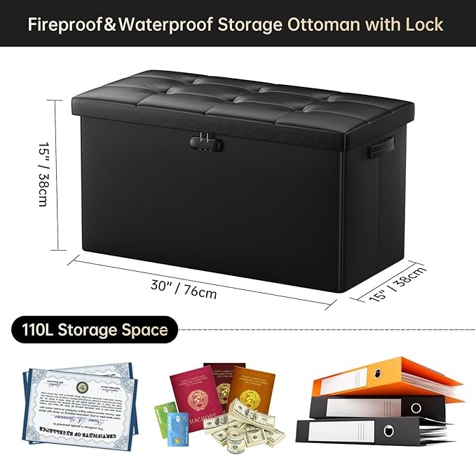 DocSafe Storage Ottoman Bench with Lock,Fireproof 30 Inches Folding Bench Foot Rest Stool Storage Chest Safe for Living Room,Bedroom,Home Office,Waterproof Leather Ottoman with Handles,Black-NeatNest