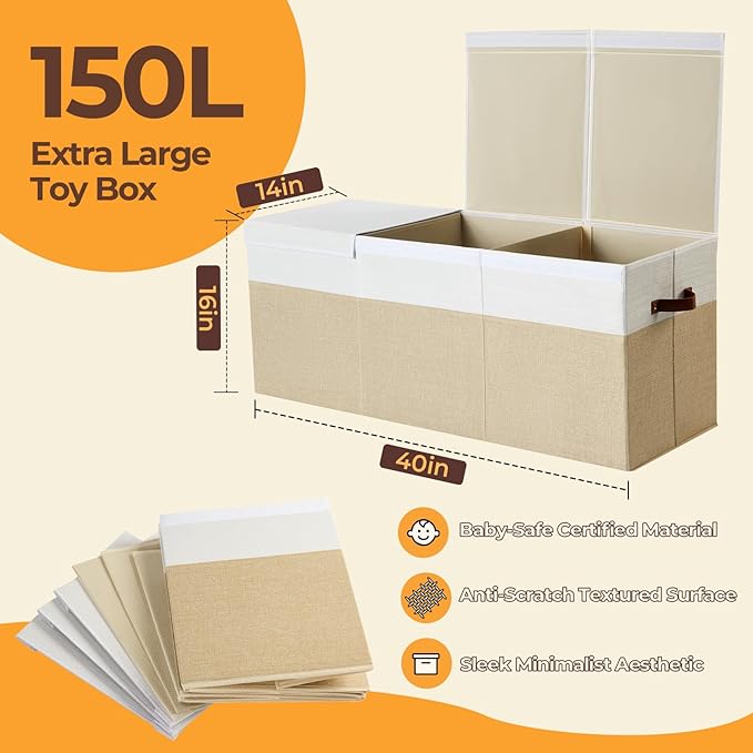 Extra Large Toy Box,150L Foldable Sturdy Toy Storage with Lid,40"x14"x16" Kids Storage Organizer, Toy Chest for Boys&Girls,for Living Room,Nursery,Bedroom,Playroom,Large Capacity Toybox(Beige)