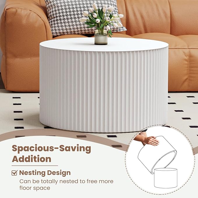 WXFKLDJ Round Nesting Coffee Table Set Cylindrical Wooden Coffee Table Sofa Center Table Circle Embossed Design Side Table for Living Room Apartment No Assembly (Round White Small)