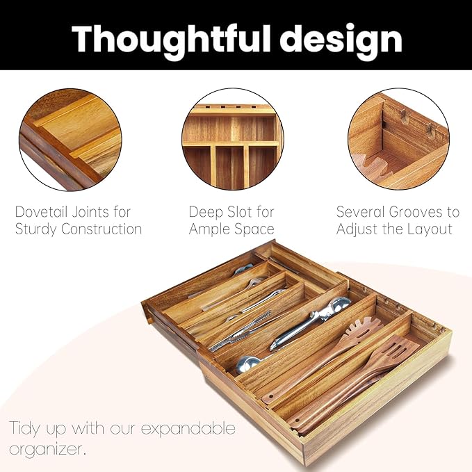 Acacia Wood Silverware Organizer, Kitchen Utensil Drawer Organizer, Fork and Spoon Utensil Holder Organizer. Can Also Be Used To Organize Jewelry, Tools, Office Supplies and Make Up. (7 bulkheads)
