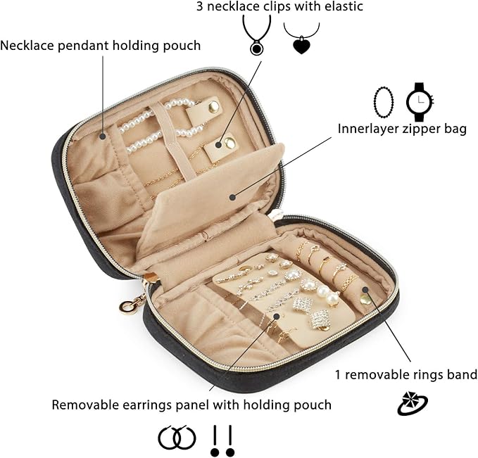 BAGSMART Travel Jewelry Organizer Case Small Jewelry Roll for Journey-Rings, Necklaces, Earrings, Bracelets, Black-NeatNest