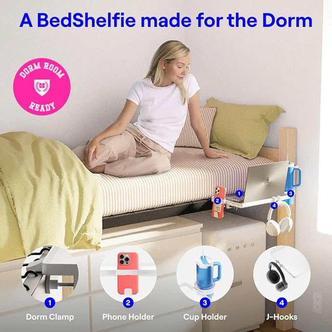 BedShelfie Bedside Shelf for Dorm Room Bunk Bed & Top Bunk, College Dorm Room Essentials, Bedside Caddy, Clip on Floating Tray, Bed Side Table Storage, Loft Nightstand Decor - Dorm Essential, White-NeatNest