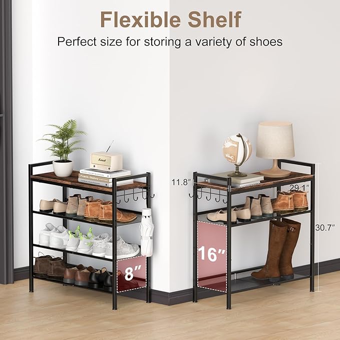 Refrze Shoe Rack for Front Door Entrance, 4 Tier Height-Adjustable Metal Shoe Rack, Sturdy Wooden Top and Tiltable Steel Frame Heavy Duty Shoe Organizer for Bathroom,Bedroom,Kitchen,Include Hook-NeatNest